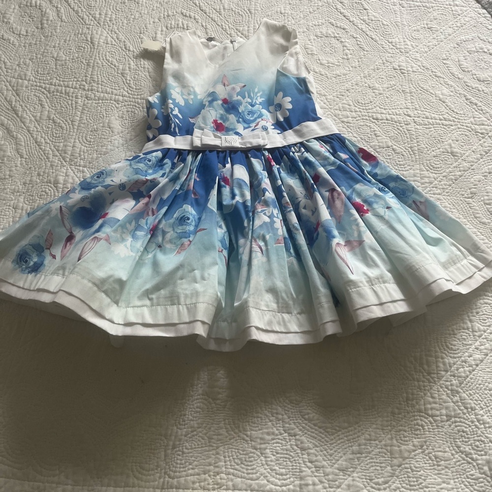 Girls' Blue Floral Ombre Party Dress with Waist Bow